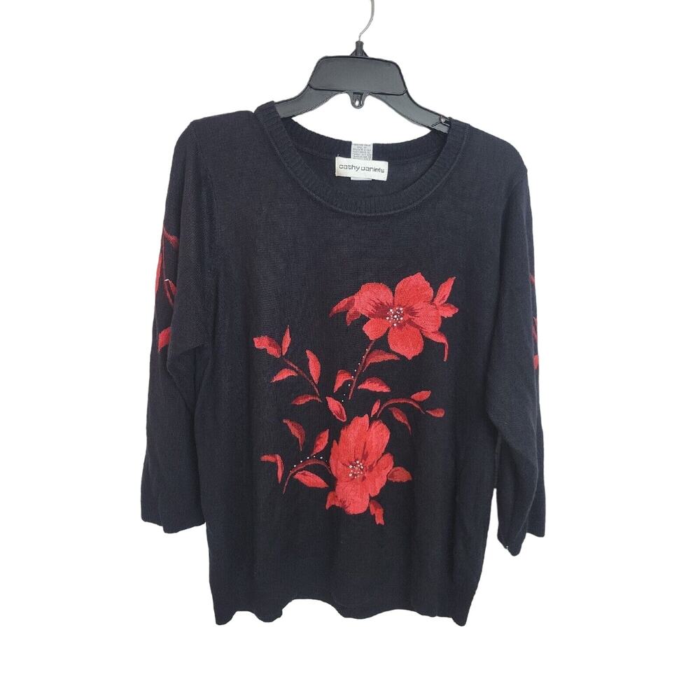 NWT Cathy Daniels Black‎ Floral Knit 3/4 Sleeve Pullover Sweater Women's Size 3X